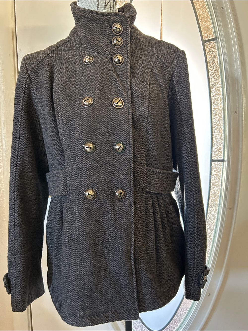 Pink Envelope Dark Gray Herringbone Double-Breasted Pea Coat